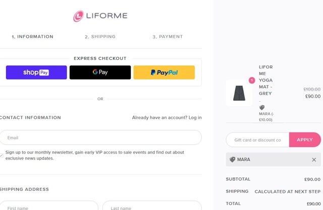 Liforme checkout page showing Liforme discount code box | Screenshot taken by SimplyCodes community member on May 16, 2021