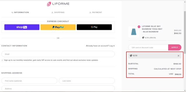 Liforme checkout page showing Liforme discount code box | Screenshot taken by SimplyCodes community member on Jul 21, 2021