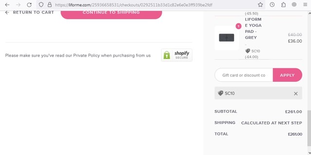Liforme checkout page showing Liforme discount code box | Screenshot taken by SimplyCodes community member on Aug 19, 2021