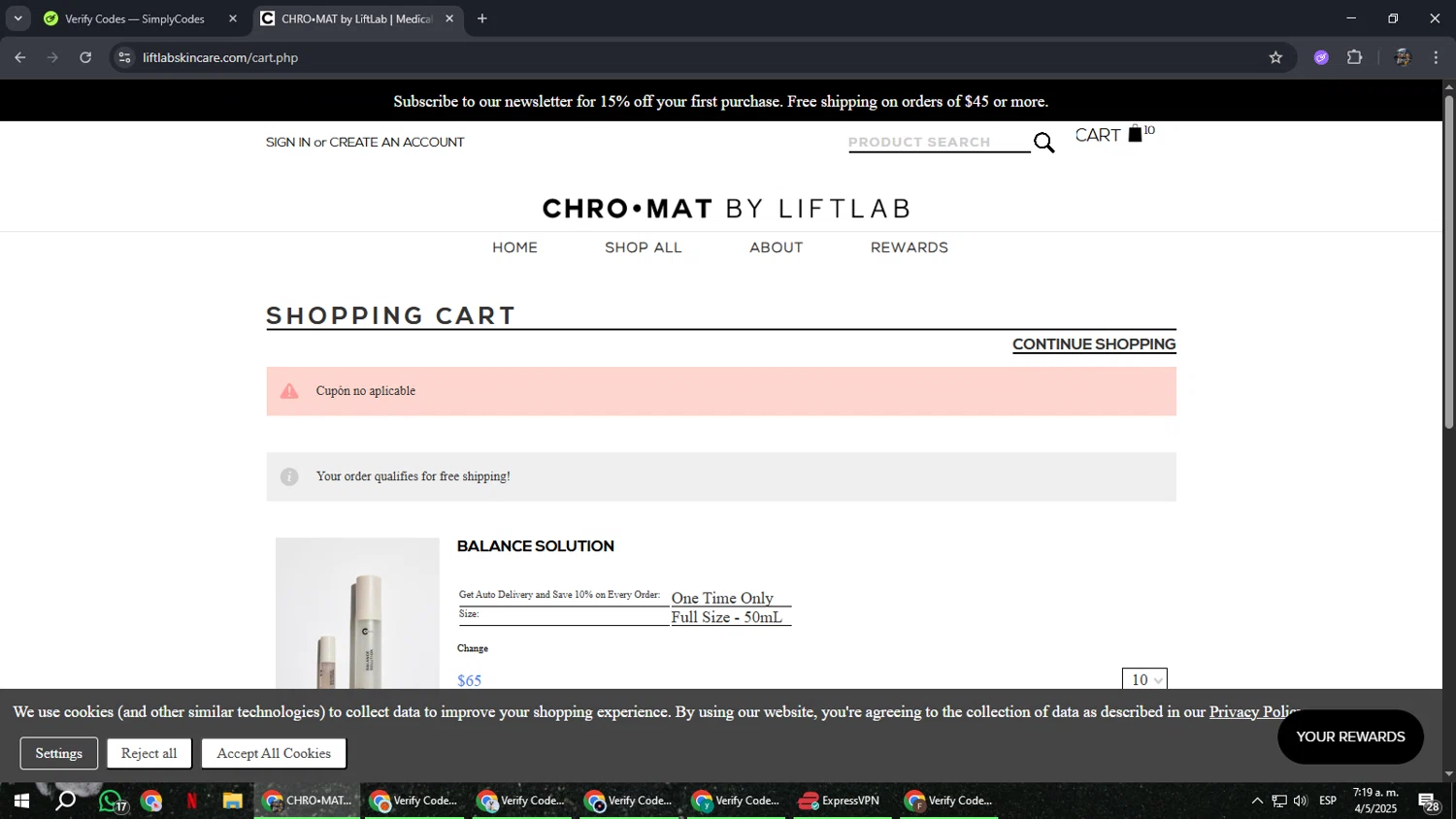 LIFTLAB discount code screenshot showing code PERFECT40 applied at LIFTLAB checkout page. Uploaded by SimplyCodes community member xxdddd on May 4, 2025