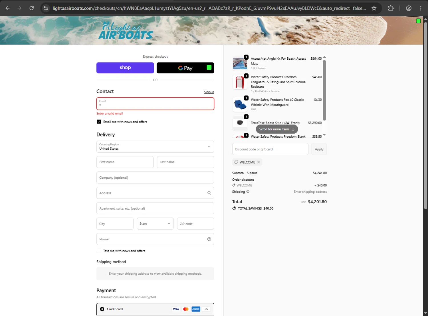 Light As Air Boats promo code screenshot showing code WELCOME applied at Light As Air Boats checkout page. Uploaded by SimplyCodes community member zzzzzzza on Jan 31, 2026