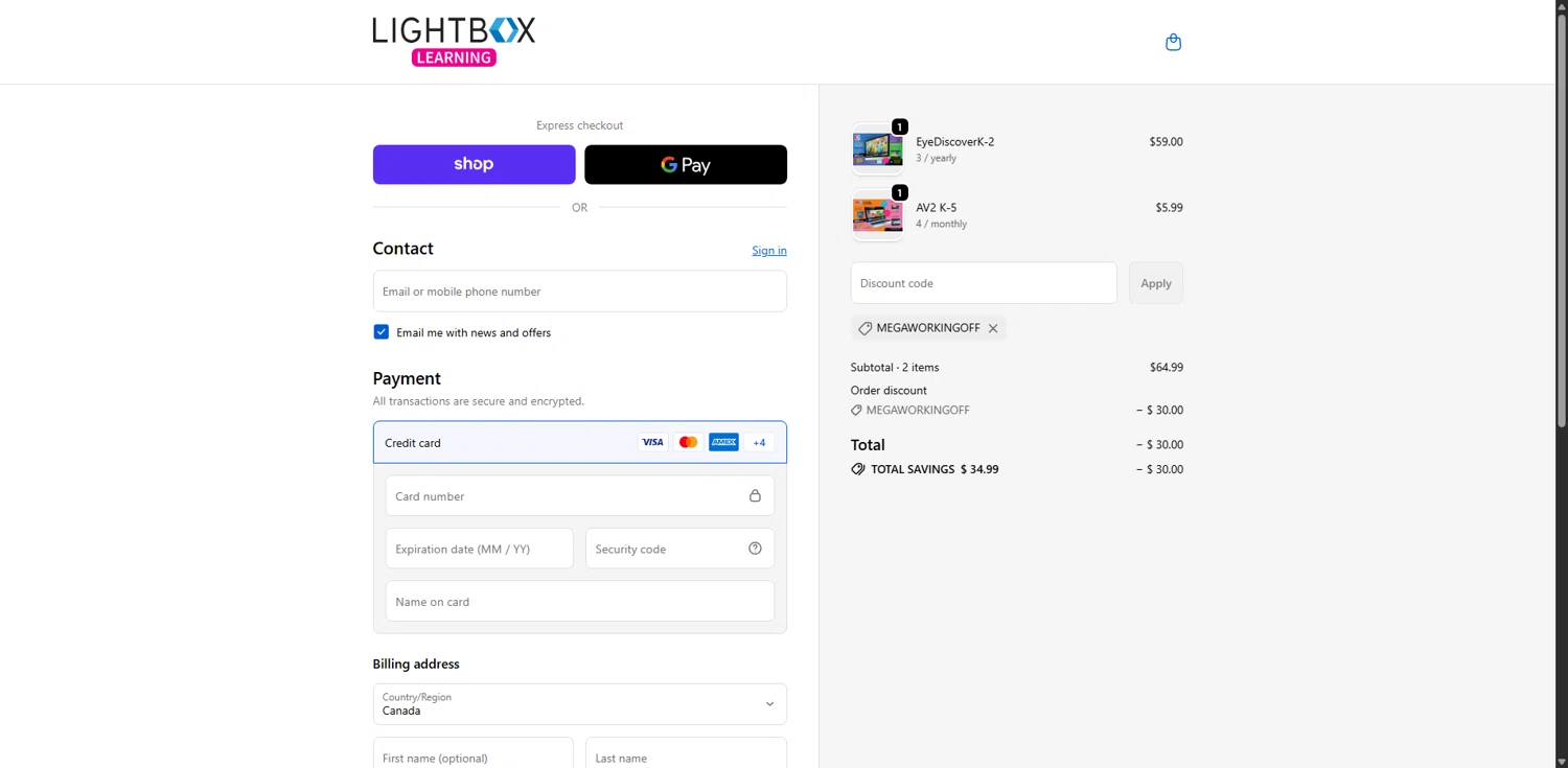 Lightbox Learning at Home promo code screenshot showing code MEGAWORKINGOFF applied at Lightbox Learning at Home checkout page. Uploaded by SimplyCodes community member LOgoter on Oct 27, 2025