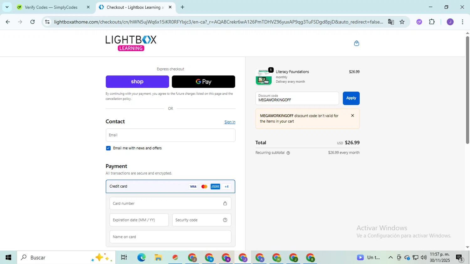 Lightbox Learning at Home promo code screenshot showing code MEGAWORKINGOFF applied at Lightbox Learning at Home checkout page. Uploaded by SimplyCodes community member PromoHunter9043 on Dec 1, 2025