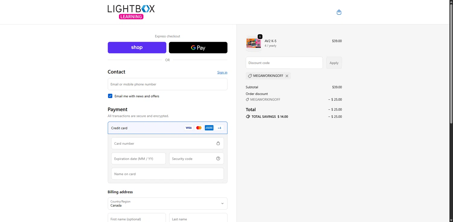 Lightbox Learning at Home promo code screenshot showing code MEGAWORKINGOFF applied at Lightbox Learning at Home checkout page. Uploaded by SimplyCodes community member swiftie on Oct 10, 2025