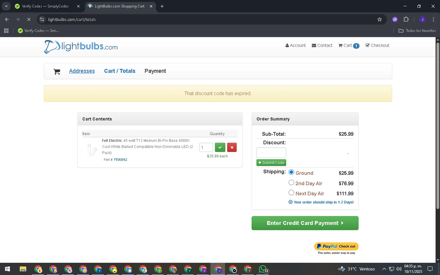Light Bulbs promo code screenshot showing code SPOOKY10 applied at Light Bulbs checkout page. Uploaded by SimplyCodes community member GloriousPhoenix1476 on Nov 10, 2025