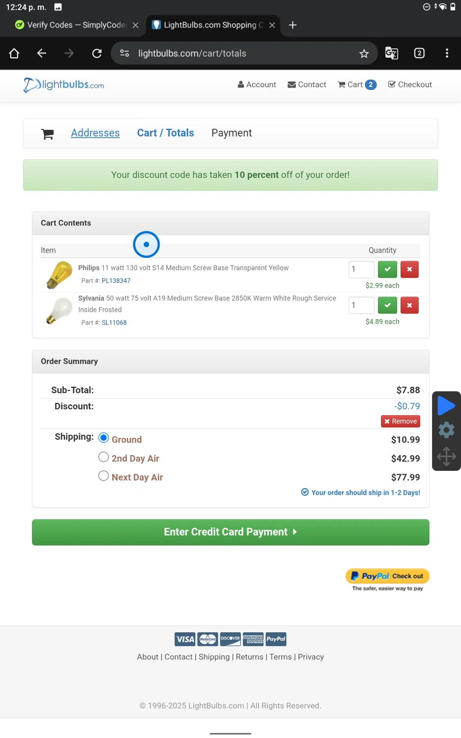 Light Bulbs checkout page showing Light Bulbs promo code box | Screenshot taken by SimplyCodes community member on Oct 25, 2025