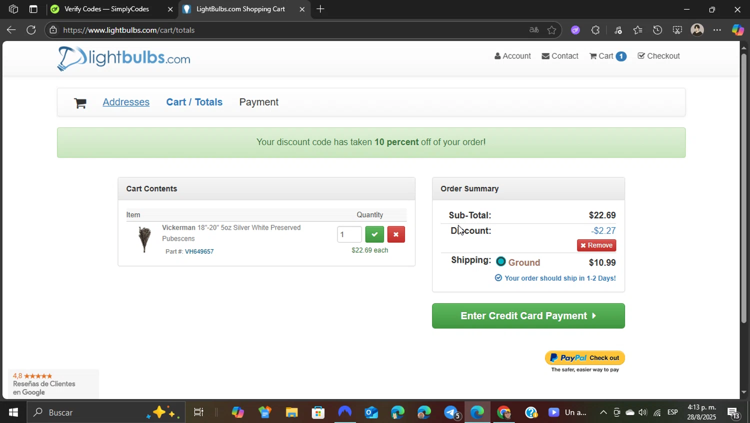 Light Bulbs checkout page showing Light Bulbs promo code box | Screenshot taken by SimplyCodes community member on Aug 28, 2025