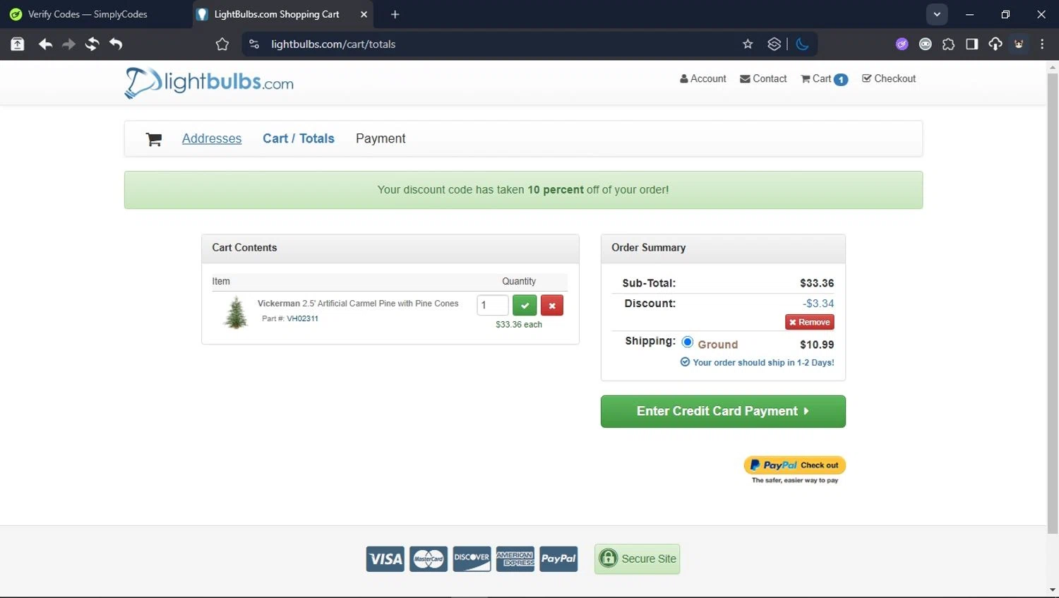 Light Bulbs promo code screenshot showing code 21603 applied at Light Bulbs checkout page. Uploaded by SimplyCodes community member User_Randon1 on Dec 2, 2025