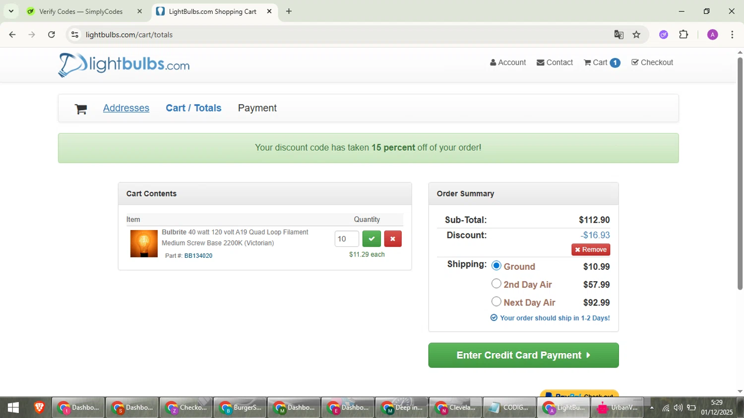 Light Bulbs checkout page showing Light Bulbs promo code box | Screenshot taken by SimplyCodes community member on Dec 1, 2025