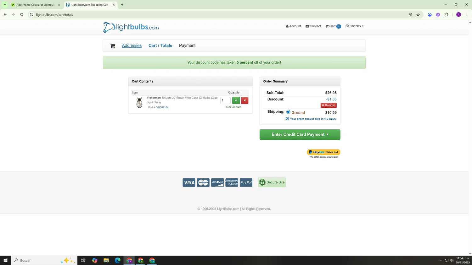 Light Bulbs promo code screenshot showing code VICKERMAN5 applied at Light Bulbs checkout page. Uploaded by SimplyCodes community member Hasta_El_Final on Nov 21, 2025