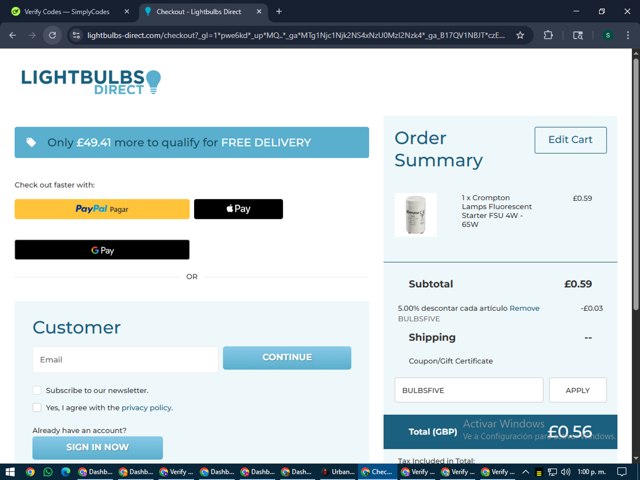 Lightbulbs Direct checkout page showing Lightbulbs Direct discount code box | Screenshot taken by SimplyCodes community member on Aug 4, 2025