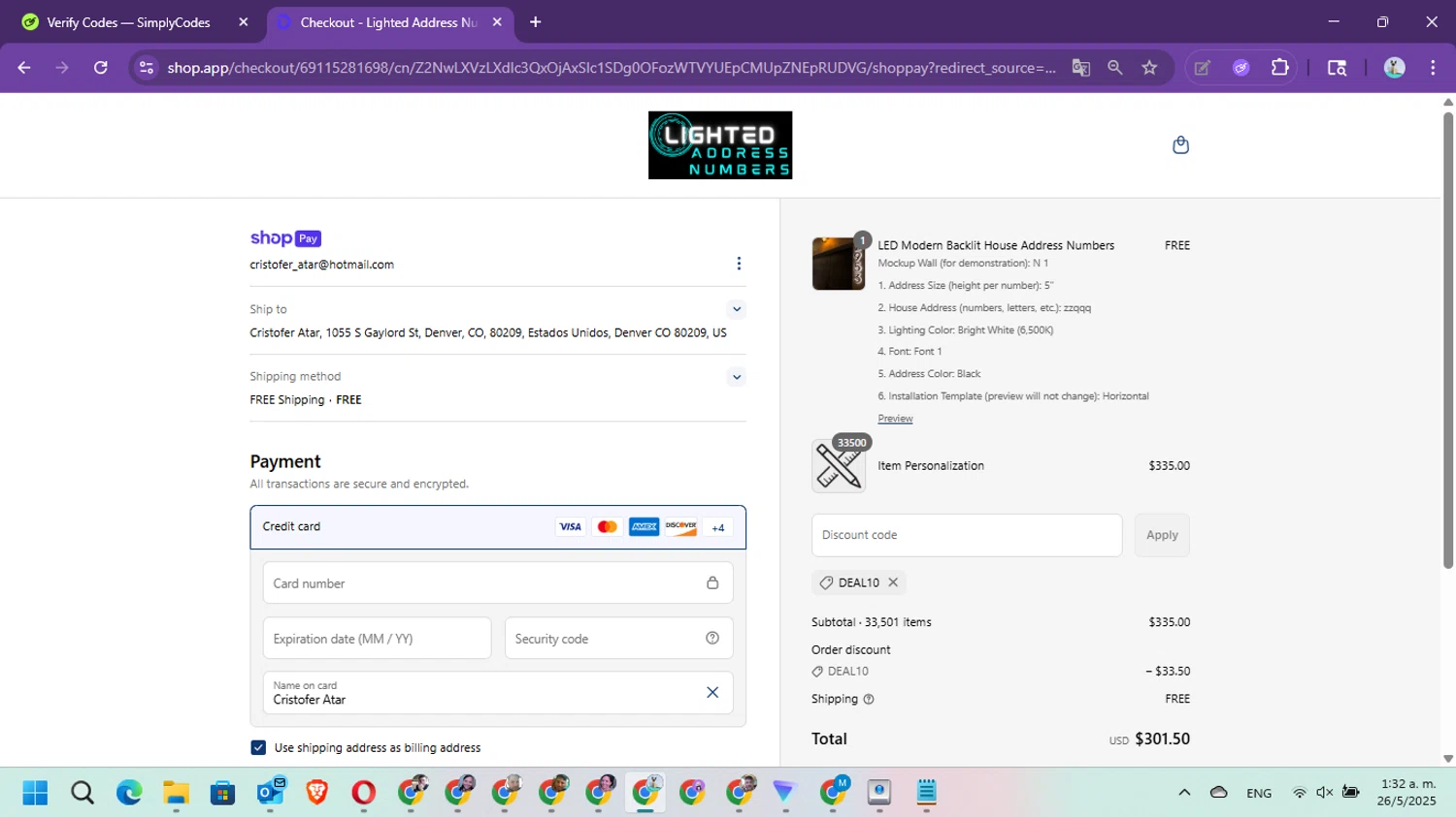 Lighted Address Numbers coupon code screenshot showing code DEAL10 applied at Lighted Address Numbers checkout page. Uploaded by SimplyCodes community member Marielis on May 26, 2025
