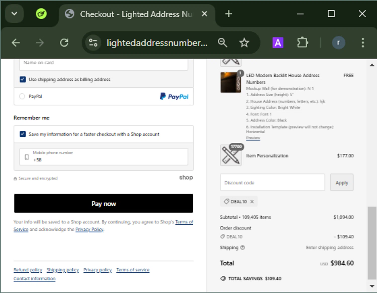 Lighted Address Numbers checkout page showing Lighted Address Numbers coupon code box | Screenshot taken by SimplyCodes community member on Nov 22, 2024