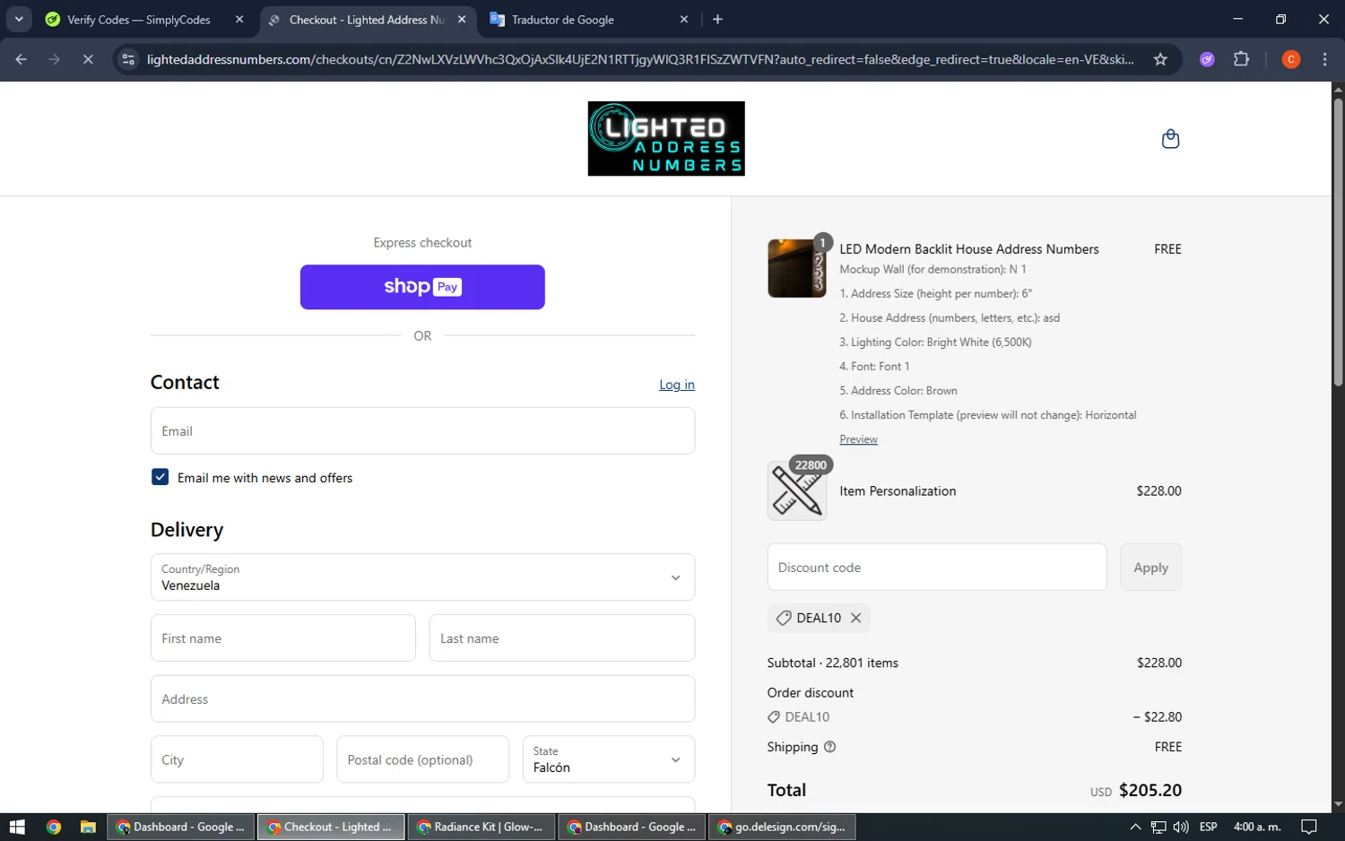 Lighted Address Numbers coupon code screenshot showing code DEAL10 applied at Lighted Address Numbers checkout page. Uploaded by SimplyCodes community member RoyalHawk6408 on Jun 21, 2025