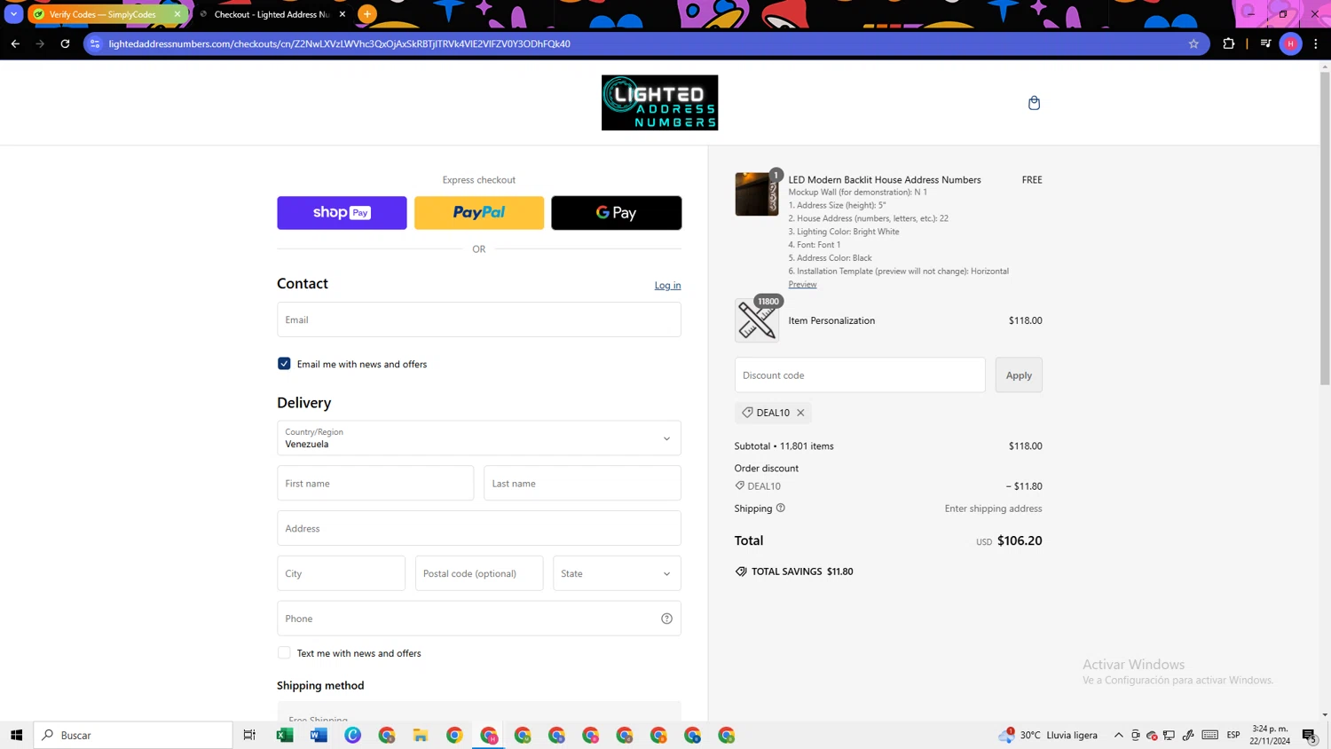 Lighted Address Numbers checkout page showing Lighted Address Numbers coupon code box | Screenshot taken by SimplyCodes community member on Nov 22, 2024