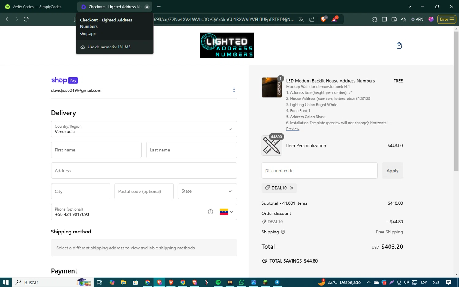 Lighted Address Numbers checkout page showing Lighted Address Numbers coupon code box | Screenshot taken by SimplyCodes community member on Jan 24, 2025