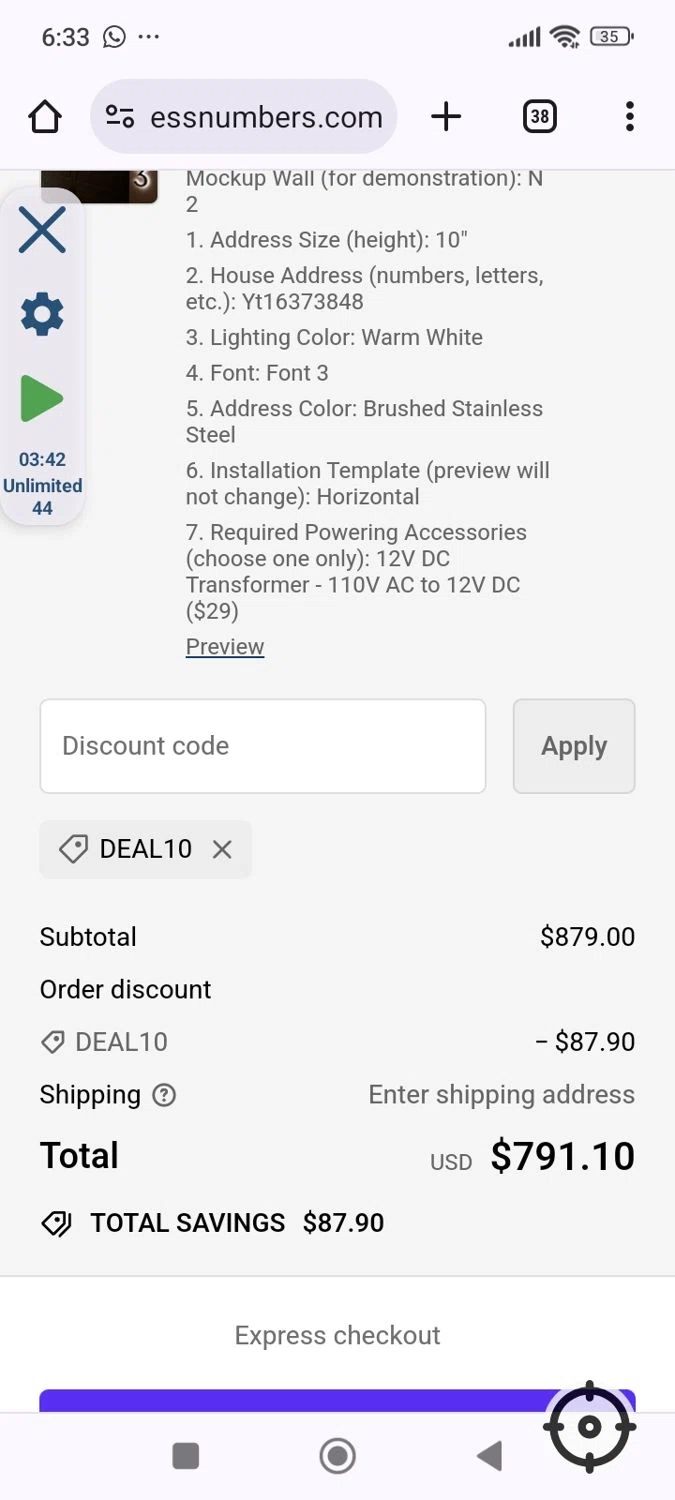 Lighted Address Numbers checkout page showing Lighted Address Numbers coupon code box | Screenshot taken by SimplyCodes community member on Aug 21, 2024