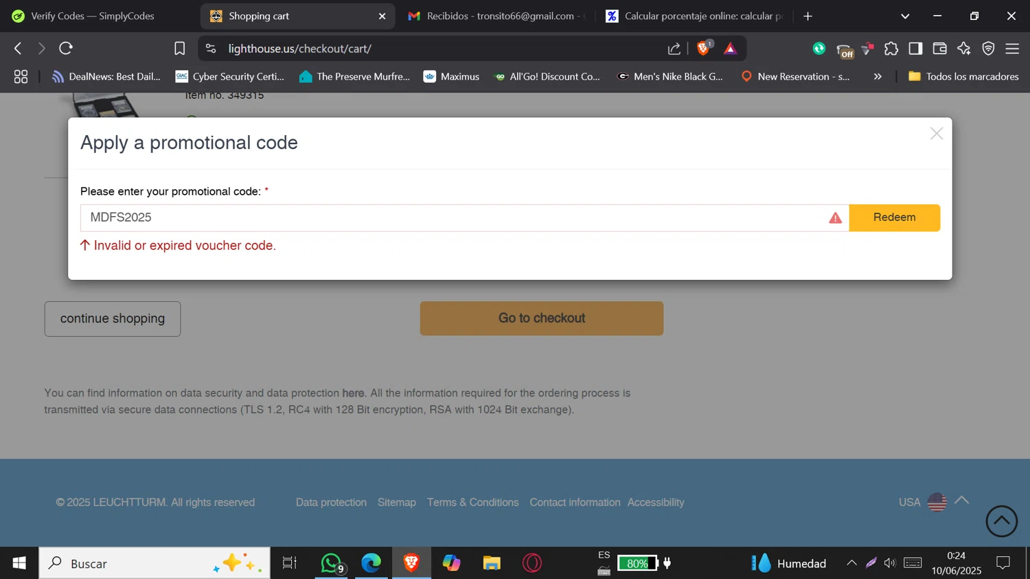 Lighthouse promo code screenshot showing code MDFS2025 applied at Lighthouse checkout page. Uploaded by SimplyCodes community member DORIANGEL on Jun 10, 2025