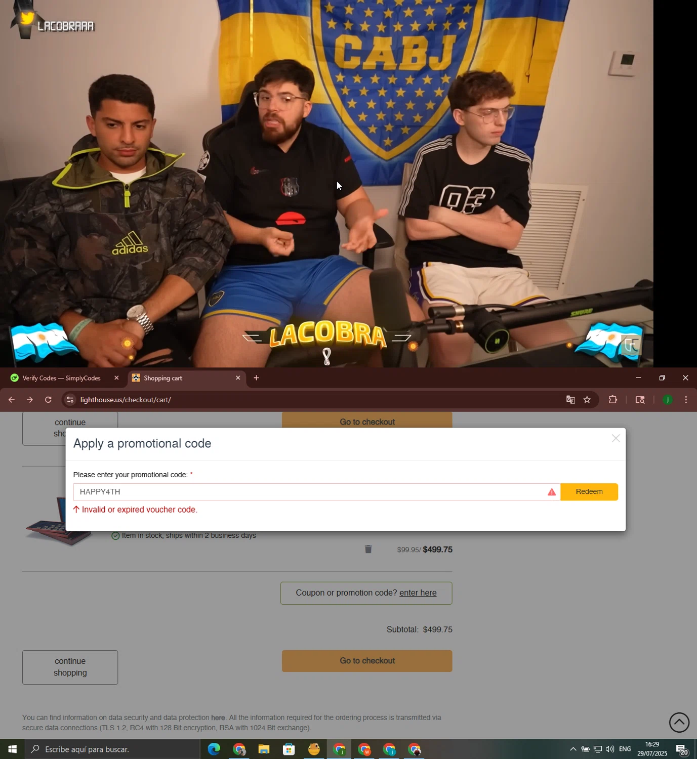 Lighthouse promo code screenshot showing code HAPPY4TH applied at Lighthouse checkout page. Uploaded by SimplyCodes community member jorgeroz on Jul 29, 2025