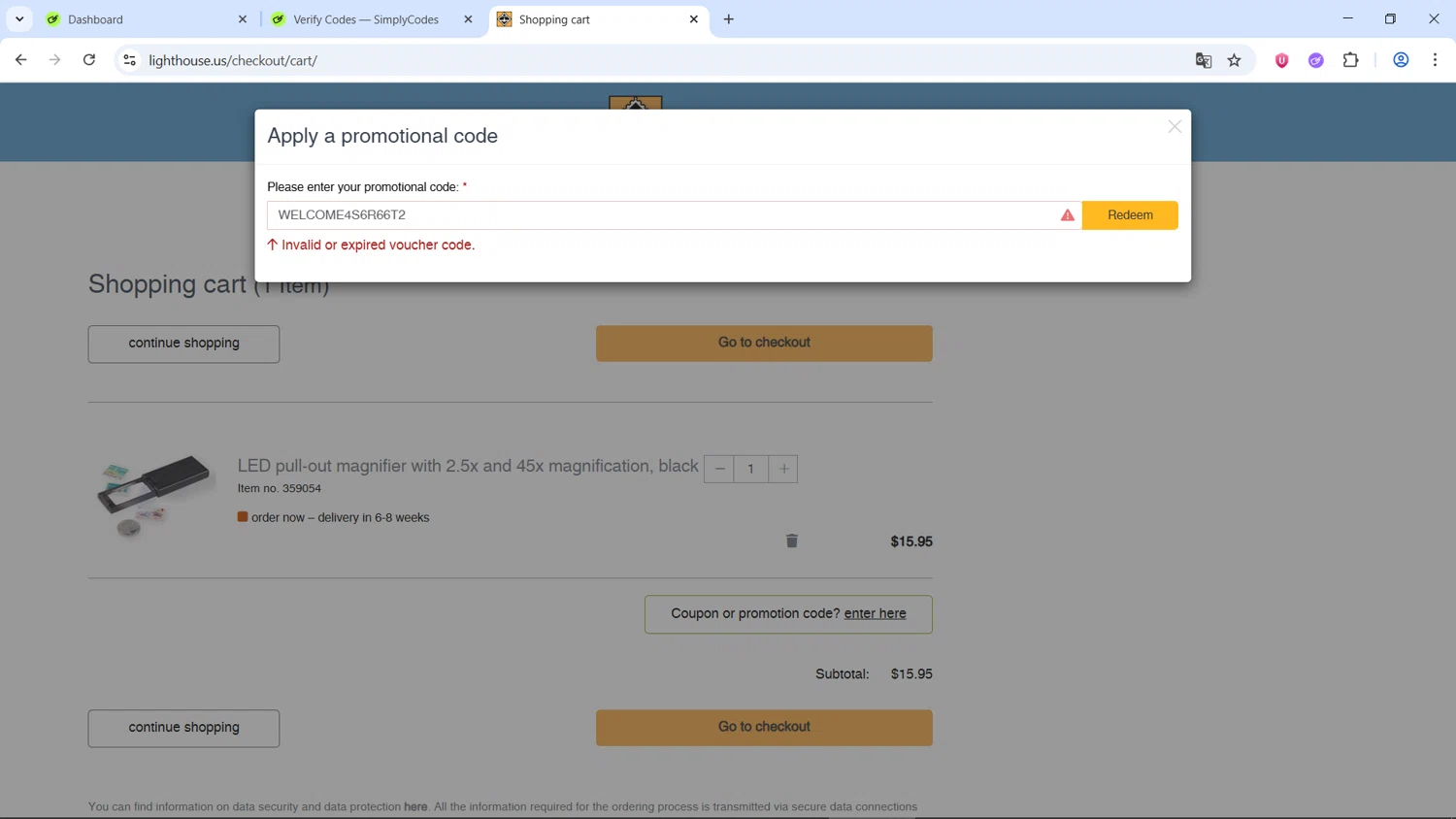 Lighthouse promo code screenshot showing code WELCOME4S6R66T2 applied at Lighthouse checkout page. Uploaded by SimplyCodes community member NobleMonarch8131 on Jul 6, 2025