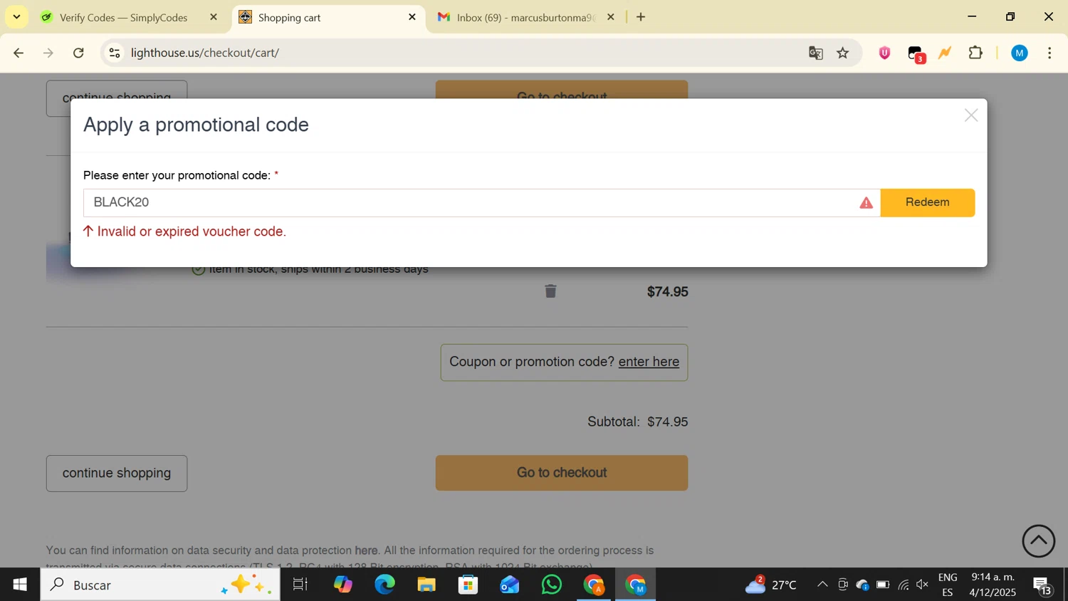 Lighthouse promo code screenshot showing code BLACK20 applied at Lighthouse checkout page. Uploaded by SimplyCodes community member LegendaryAce4371 on Dec 4, 2025