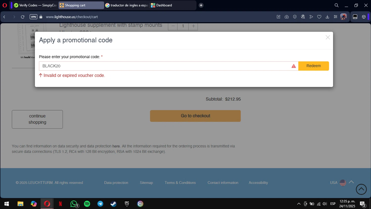Lighthouse promo code screenshot showing code BLACK20 applied at Lighthouse checkout page. Uploaded by SimplyCodes community member mimusuky1 on Nov 24, 2025