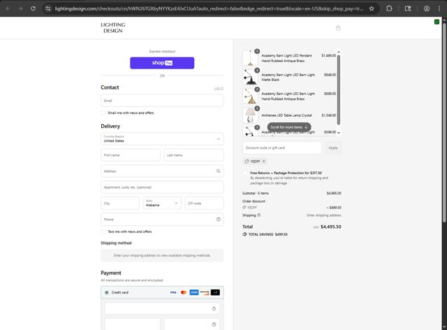 Lighting Design checkout page showing Lighting Design promo code box | Screenshot taken by SimplyCodes community member on Aug 22, 2025