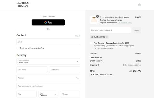 Lighting Design checkout page showing Lighting Design promo code box | Screenshot taken by SimplyCodes community member on Sep 1, 2025