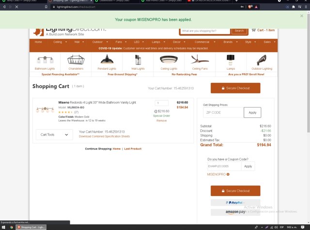 Lighting Direct checkout page showing Lighting Direct coupon code box | Screenshot taken by SimplyCodes community member on Sep 17, 2021