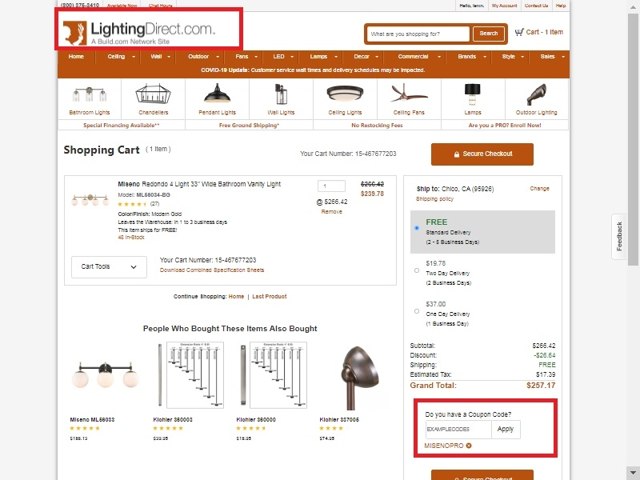 Lighting Direct checkout page showing Lighting Direct coupon code box | Screenshot taken by SimplyCodes community member on Jan 3, 2022