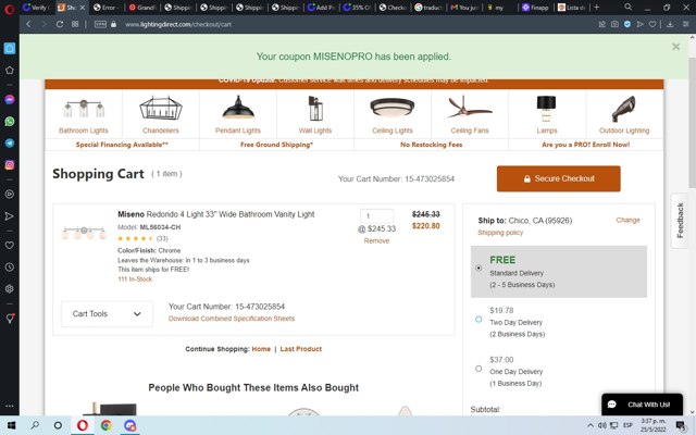 Lighting Direct checkout page showing Lighting Direct coupon code box | Screenshot taken by SimplyCodes community member on May 25, 2022