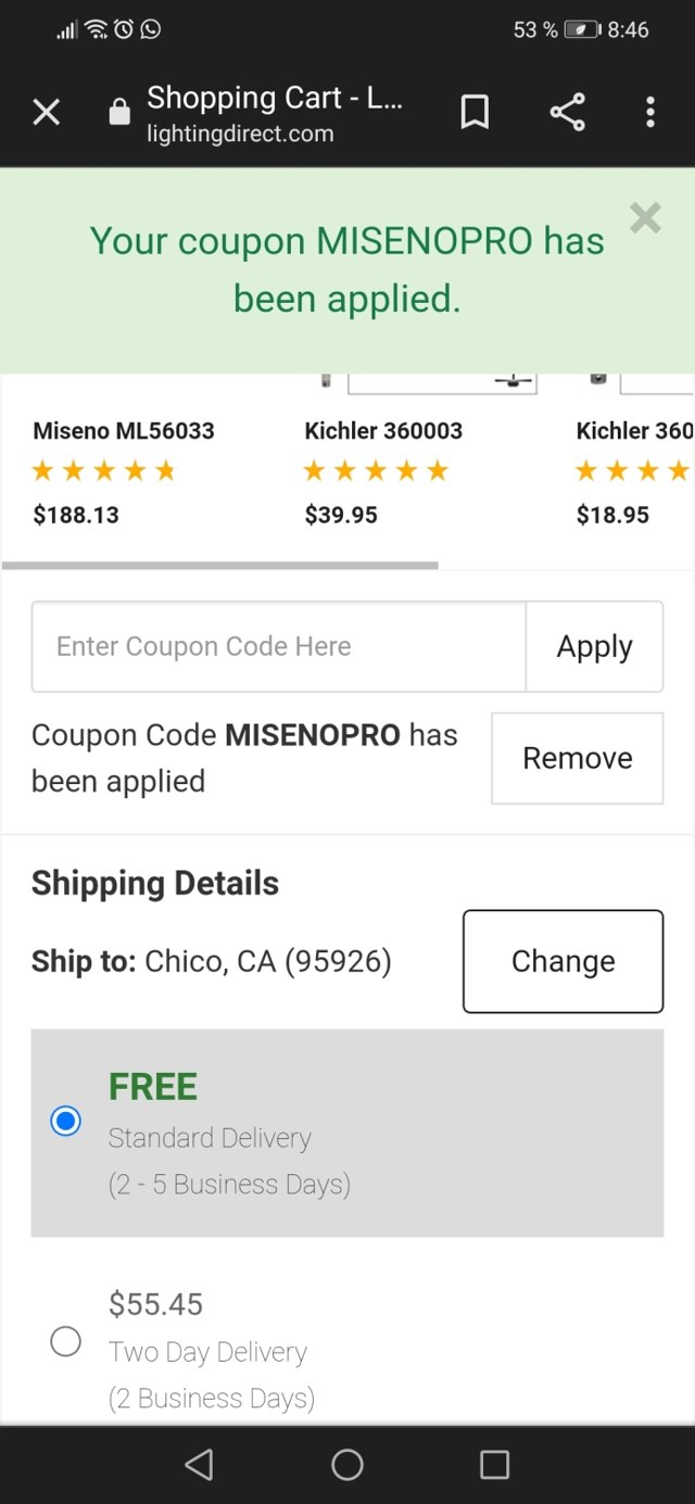 Lighting Direct checkout page showing Lighting Direct coupon code box | Screenshot taken by SimplyCodes community member on Nov 18, 2021