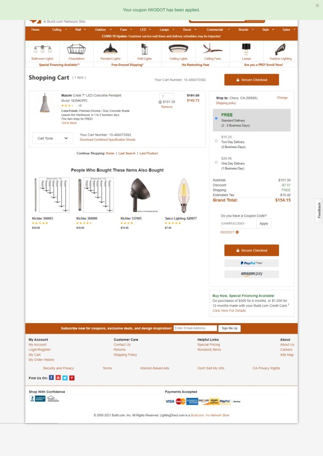 Lighting Direct checkout page showing Lighting Direct coupon code box | Screenshot taken by SimplyCodes community member on Nov 8, 2021
