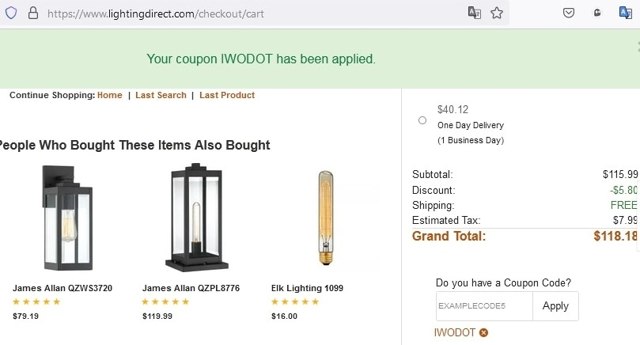 Lighting Direct checkout page showing Lighting Direct coupon code box | Screenshot taken by SimplyCodes community member on Dec 17, 2021