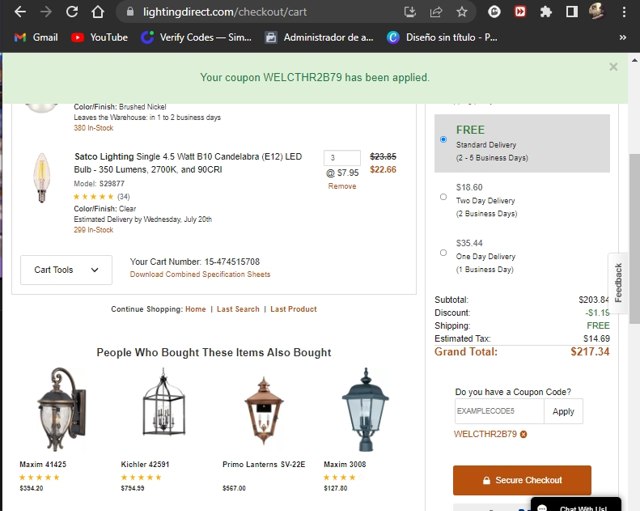 Lighting Direct checkout page showing Lighting Direct coupon code box | Screenshot taken by SimplyCodes community member on Jul 15, 2022