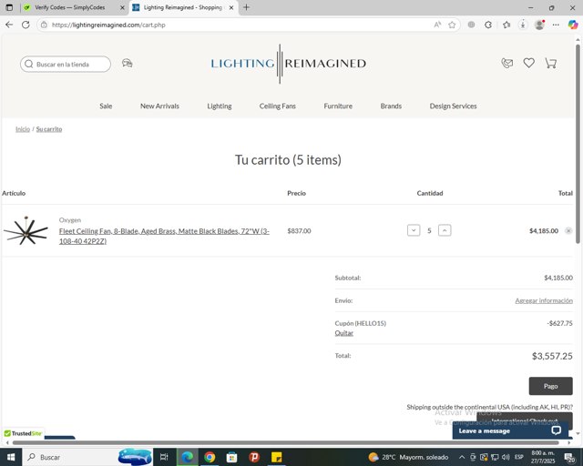 Lighting Reimagined checkout page showing Lighting Reimagined coupon code box | Screenshot taken by SimplyCodes community member on Jul 27, 2025