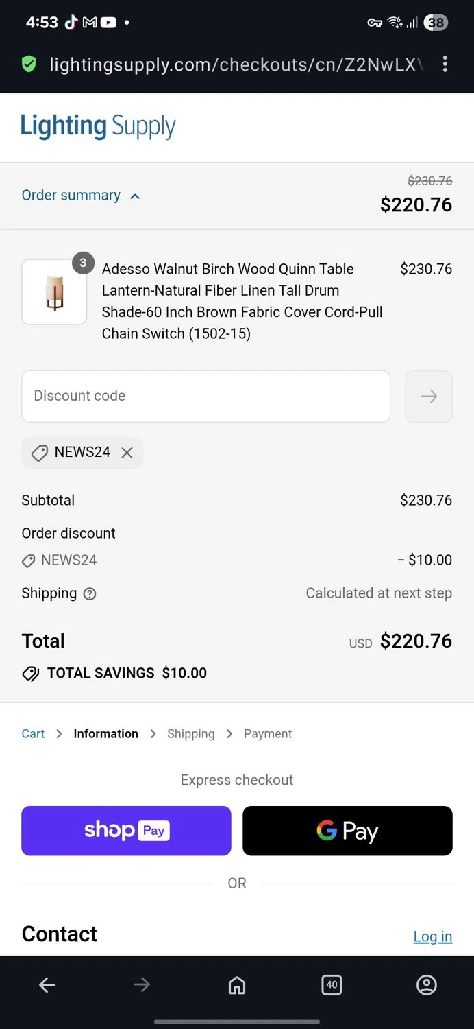 Lighting Supply discount code screenshot showing code NEWS24 applied at Lighting Supply checkout page. Uploaded by SimplyCodes community member guest_623525963 on Jul 15, 2025