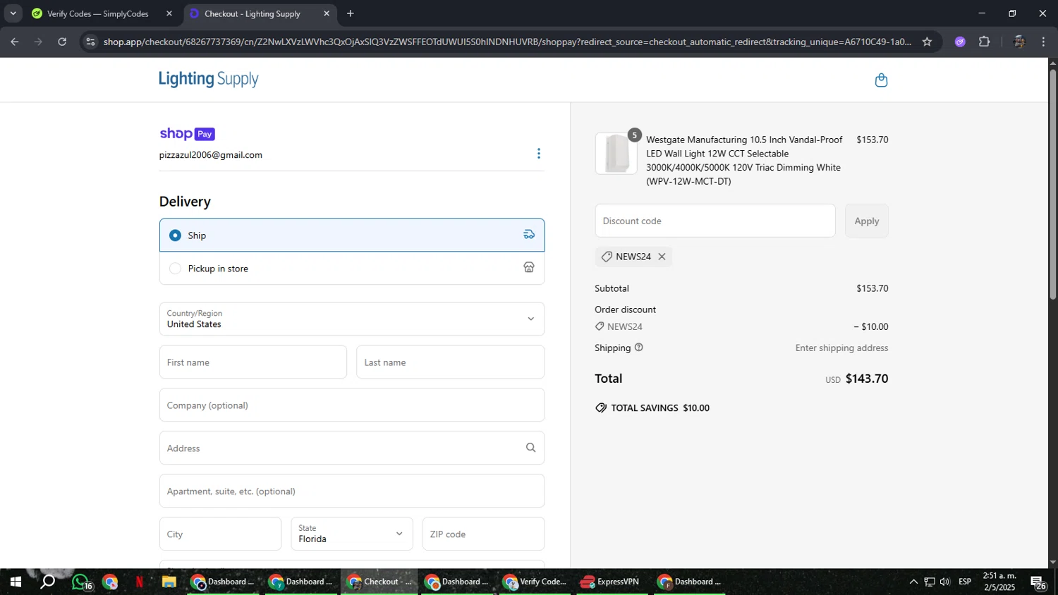 Lighting Supply discount code screenshot showing code NEWS24 applied at Lighting Supply checkout page. Uploaded by SimplyCodes community member xxdddd on May 2, 2025
