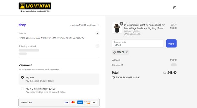 Lightkiwi checkout page showing Lightkiwi promo code box | Screenshot taken by SimplyCodes community member on Sep 7, 2025