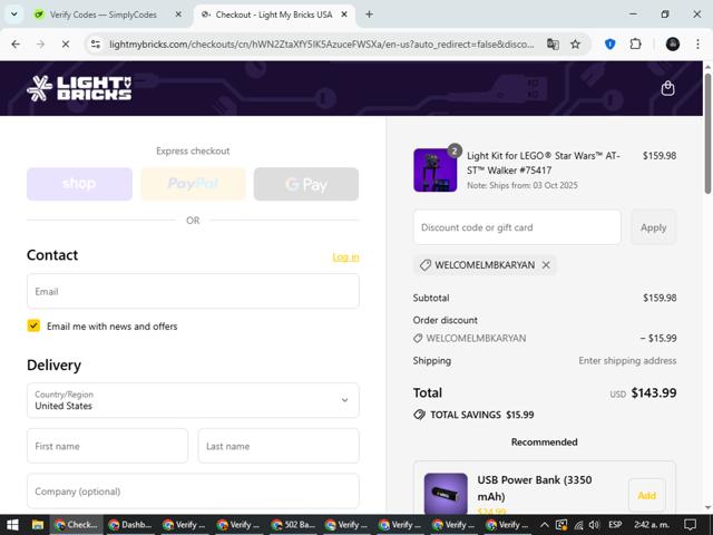 Light My Bricks checkout page showing Light My Bricks discount code box | Screenshot taken by SimplyCodes community member on Sep 4, 2025