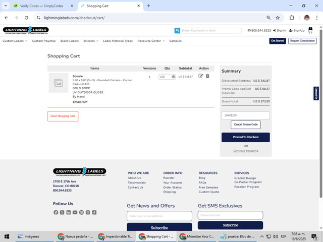 Lightning Labels checkout page showing Lightning Labels promo code box | Screenshot taken by SimplyCodes community member on Aug 19, 2025