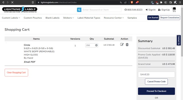 Lightning Labels checkout page showing Lightning Labels promo code box | Screenshot taken by SimplyCodes community member on Jul 21, 2025