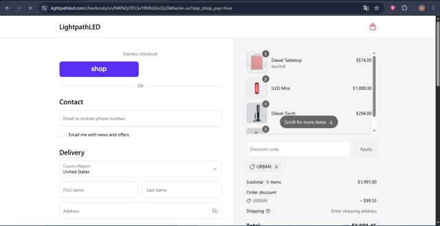 LightpathLED checkout page showing LightpathLED promo code box | Screenshot taken by SimplyCodes community member on Sep 10, 2025