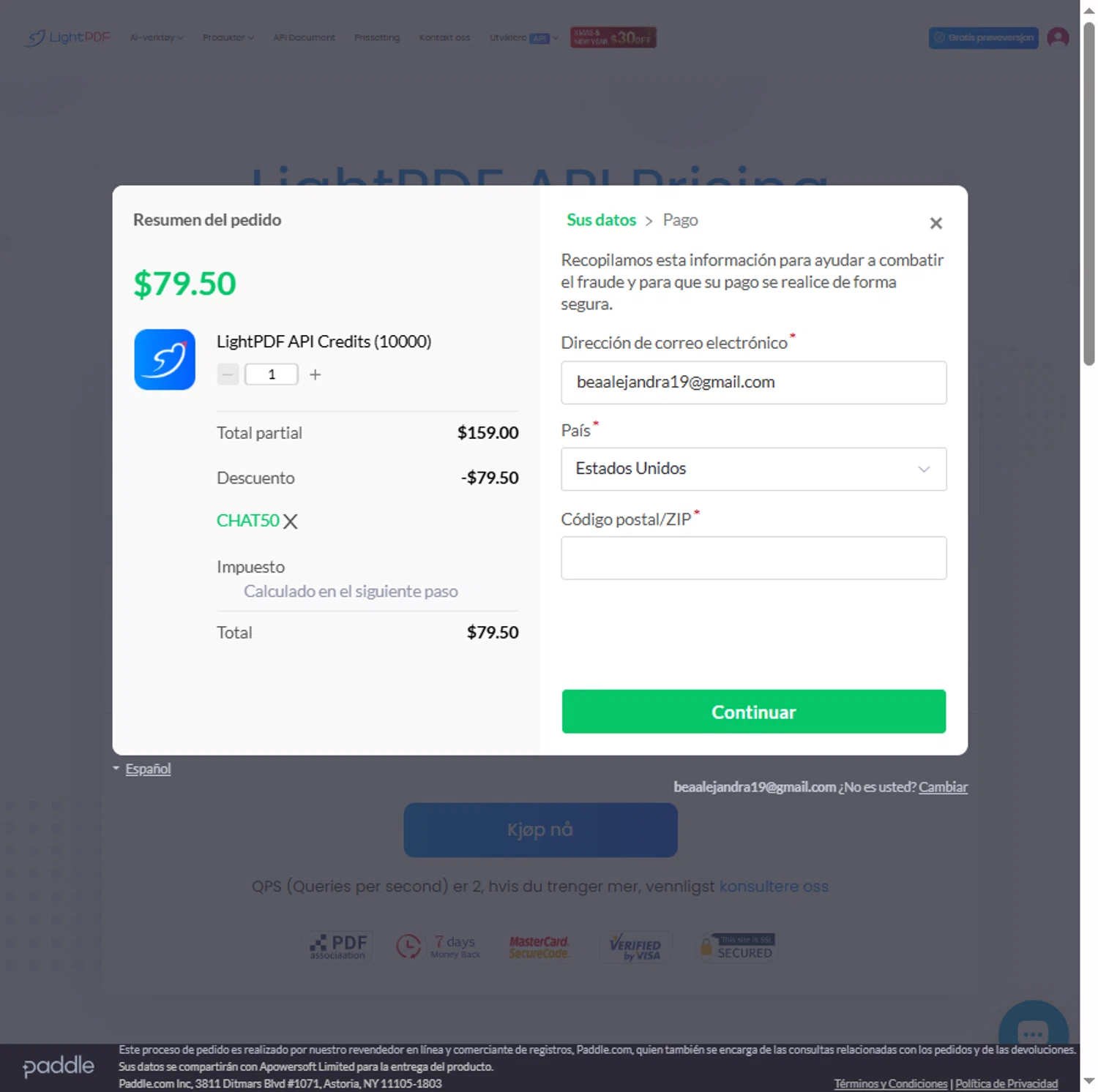 LightPDF promo code screenshot showing code CHAT50 applied at LightPDF checkout page. Uploaded by SimplyCodes community member Beaaalmera on Dec 15, 2025