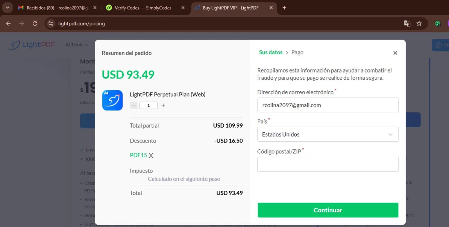 LightPDF promo code screenshot showing code PDF15 applied at LightPDF checkout page. Uploaded by SimplyCodes community member WonderWarden594 on Dec 7, 2025