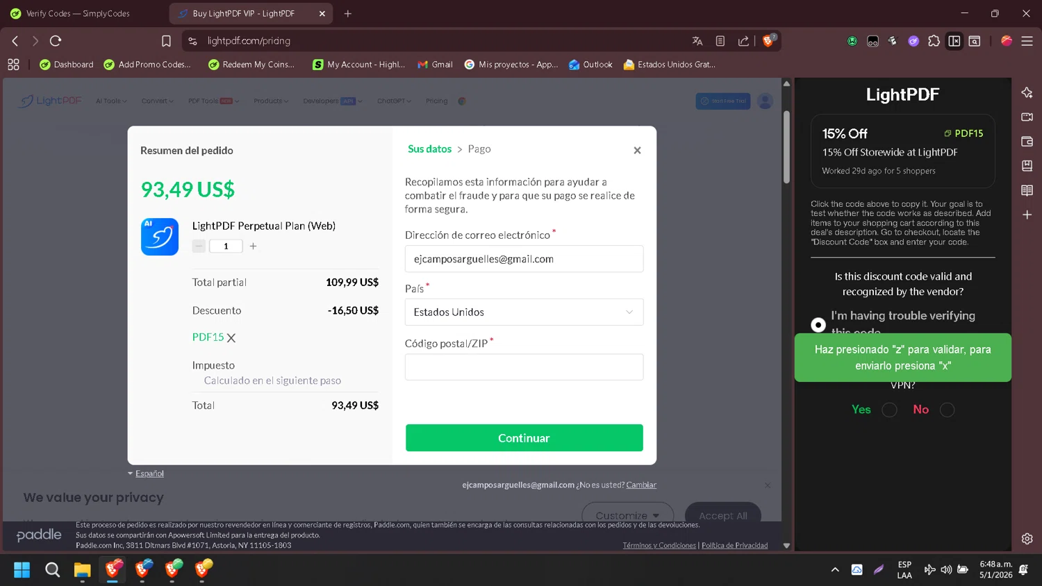 LightPDF checkout page showing LightPDF promo code box | Screenshot taken by SimplyCodes community member on Jan 5, 2026