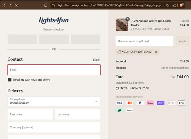 Lights4fun checkout page showing Lights4fun promo code box | Screenshot taken by SimplyCodes community member on Sep 7, 2025