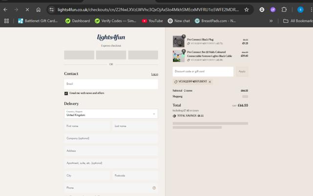 Lights4fun checkout page showing Lights4fun promo code box | Screenshot taken by SimplyCodes community member on Jul 3, 2025