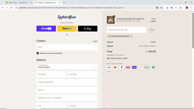 Lights4fun checkout page showing Lights4fun promo code box | Screenshot taken by SimplyCodes community member on Aug 5, 2025