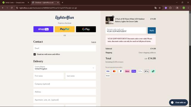 Lights4fun checkout page showing Lights4fun promo code box | Screenshot taken by SimplyCodes community member on Jul 14, 2025